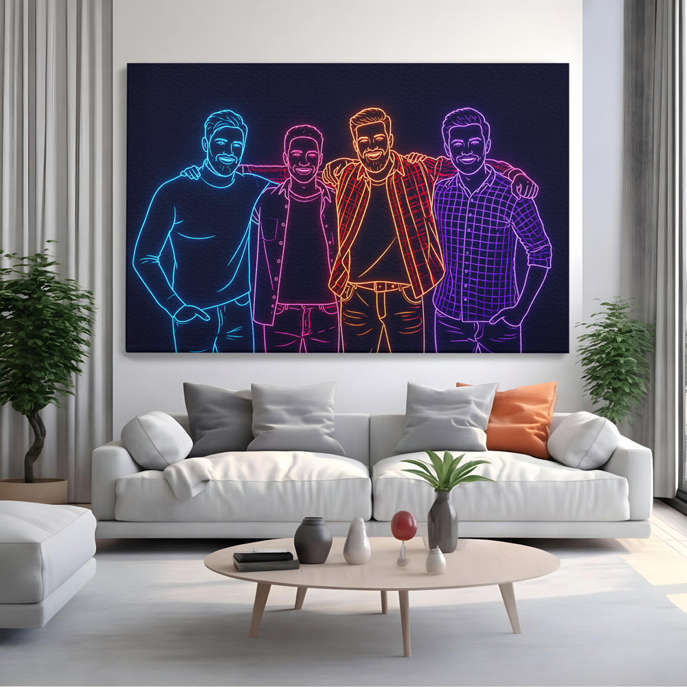Tablou canvas cu patru prieteni in stil neon, pe perete intr-un living